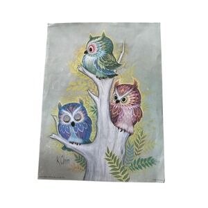 K Chin Owl Lithograph Art Print 1973 Vintage 9x12 Multicolor Good 7519 Trio